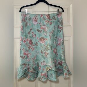 Boden Linen‎ Floral Midi Skirt Size 14 Cottagecore Ruffle Hem Boho Feminine.